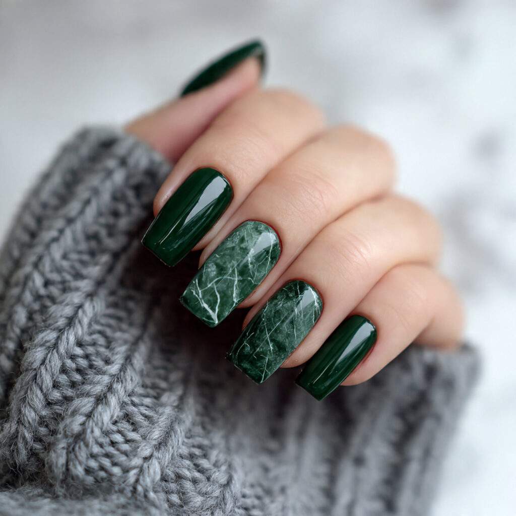 dark green winter nails with marble effects