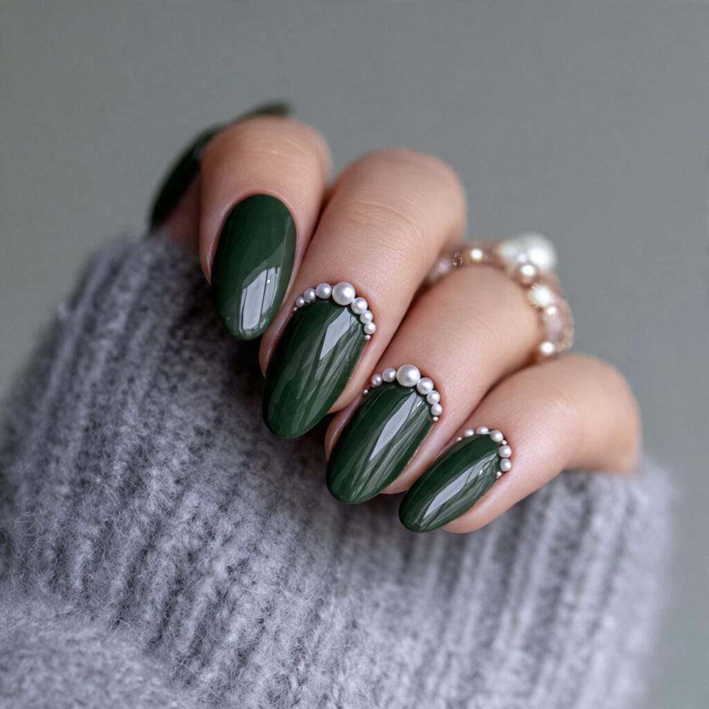 dark green winter nails with pearl accents 1