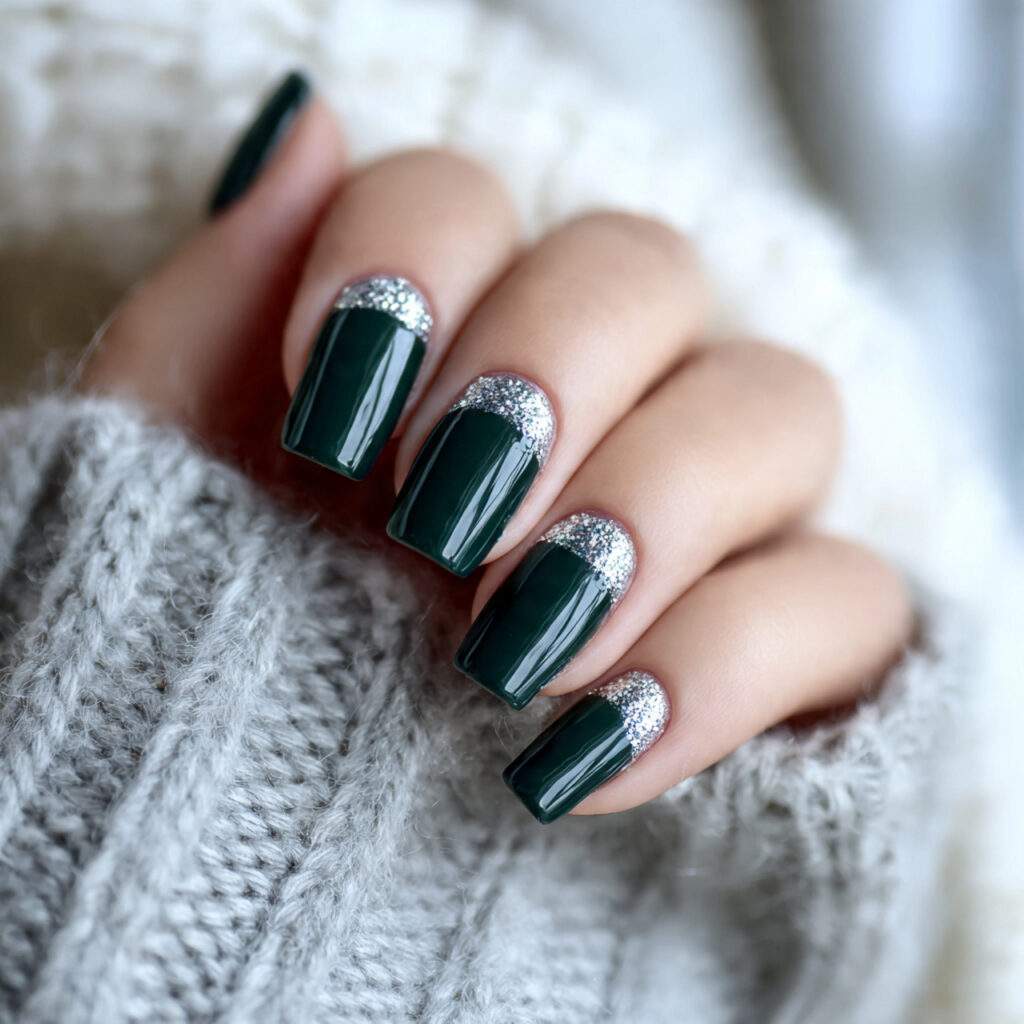 dark green winter nails with silver details
