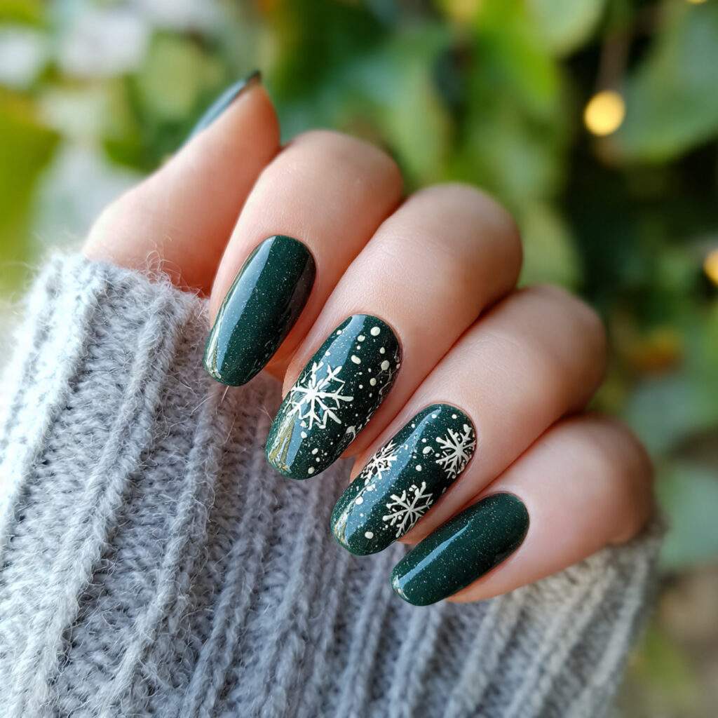 dark green winter nails with snowflake details