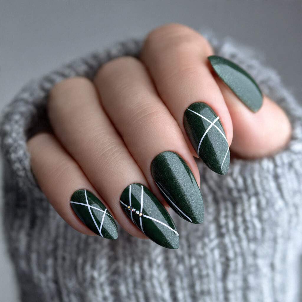 dark green winter nails with white line