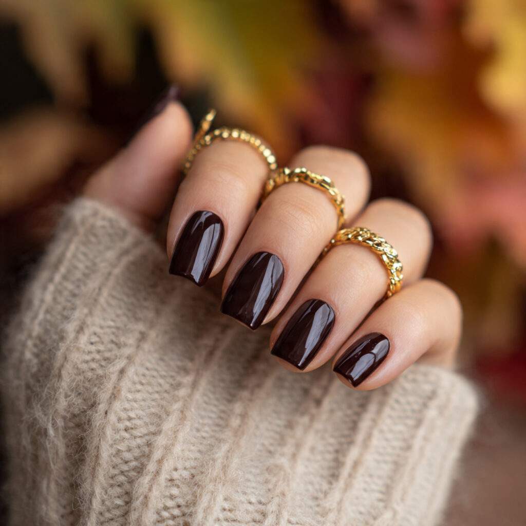 deep chocolate brown nails with high gloss finish
