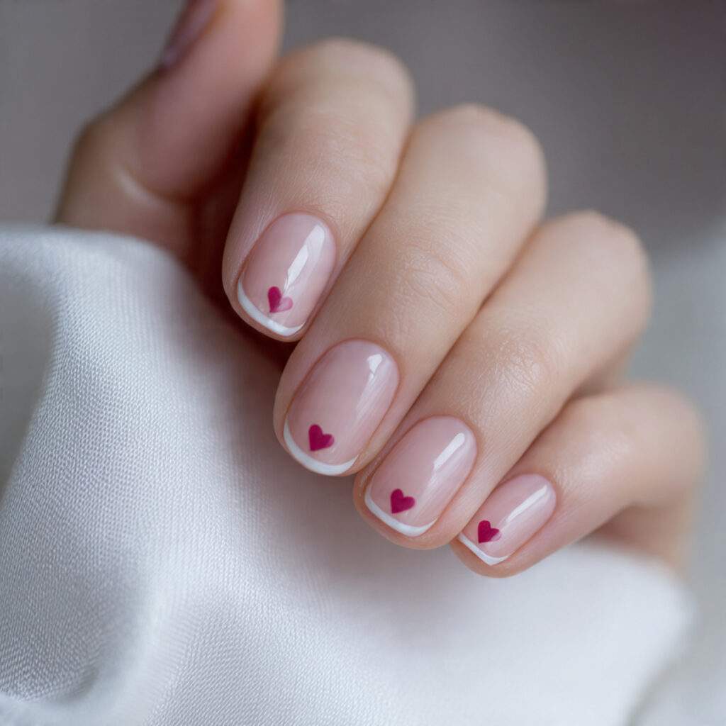 delicate heart tip nails feature small heart
