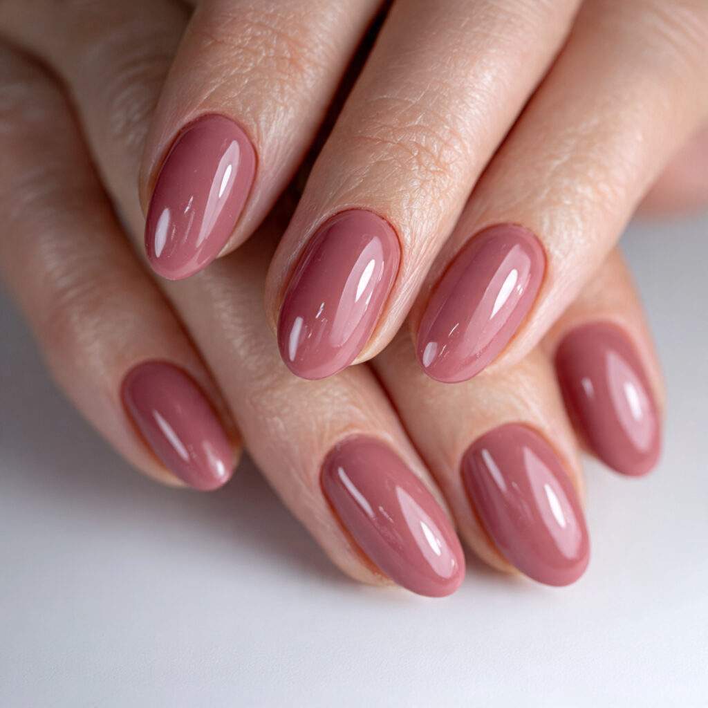 dusty rose office nails with a glossy