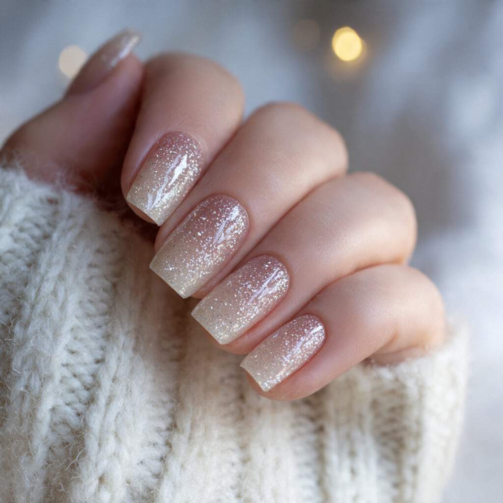 elegant champagne toned nails with soft shimmer gradient