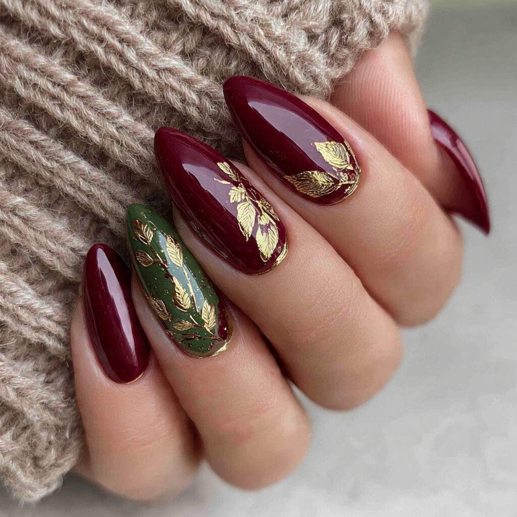evergreen and burgundy golden leaf nails feel