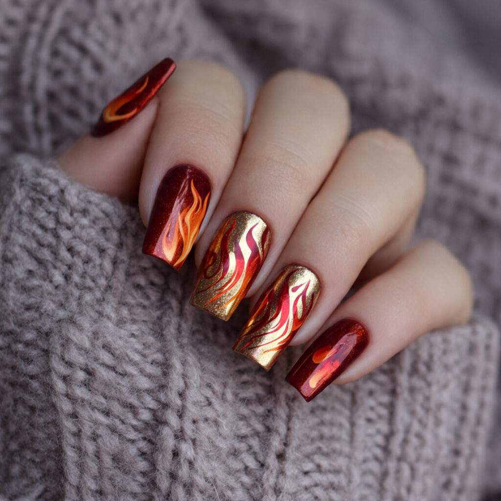 fire inspired nails are a perfect leo nail