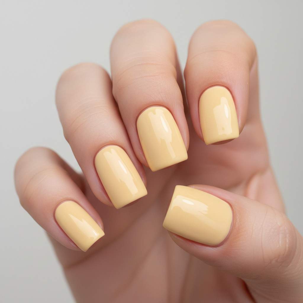 Firefly Gemini Flash Close up photo of short nails painted in soft butter yellow. The color looks warm ch 323177
