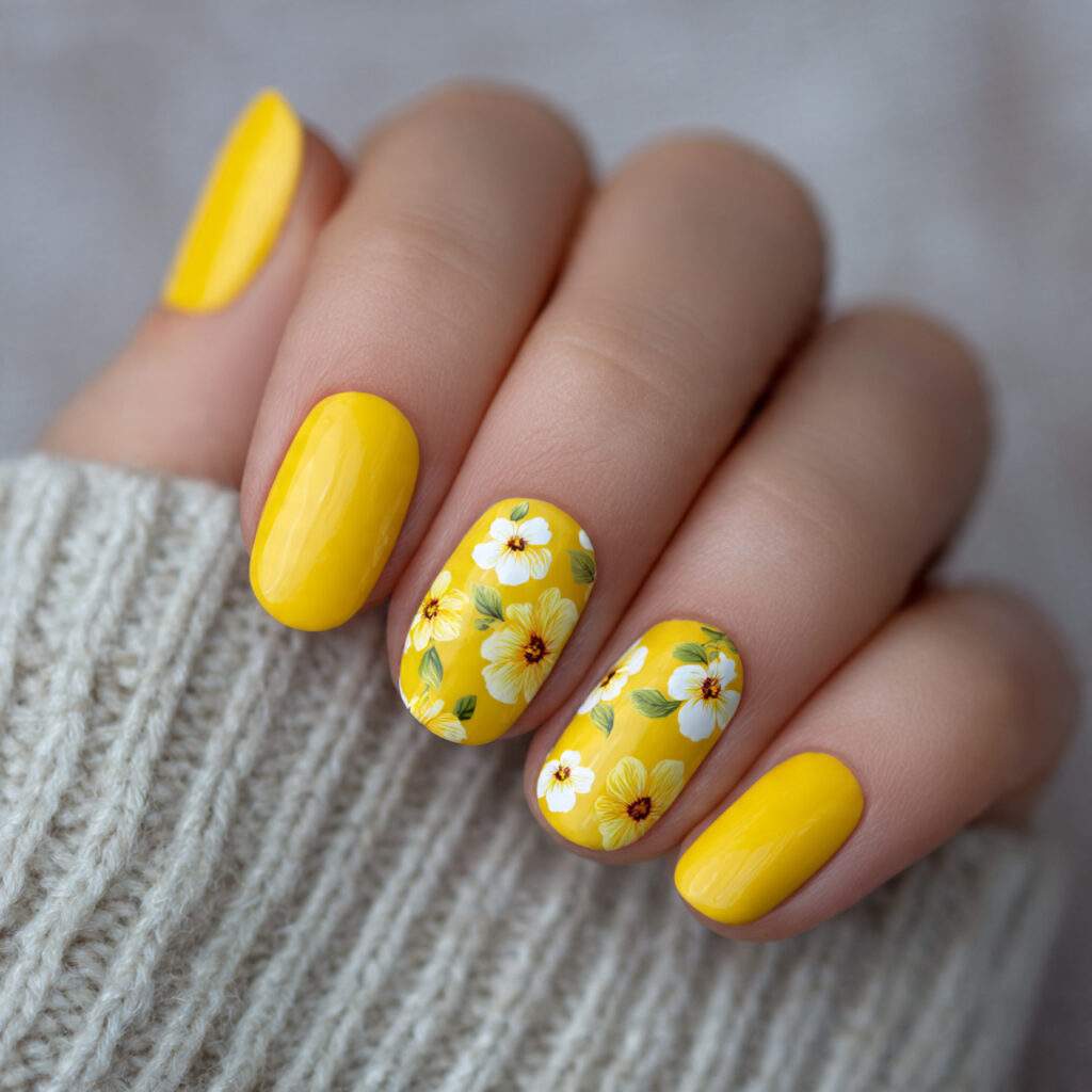 floral yellow accent nails for a fresh