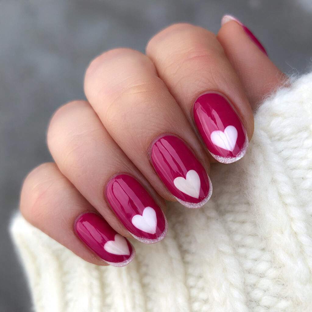 french tip valentine nails with heart tips