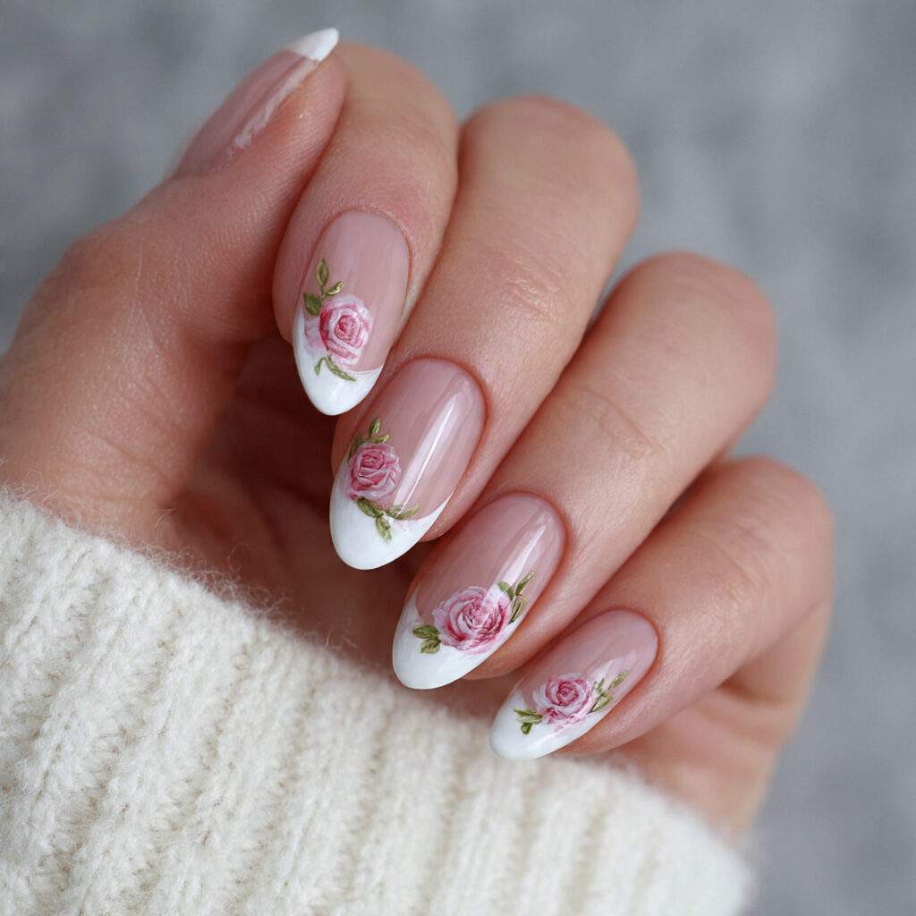 french tips with rose decals create romantic
