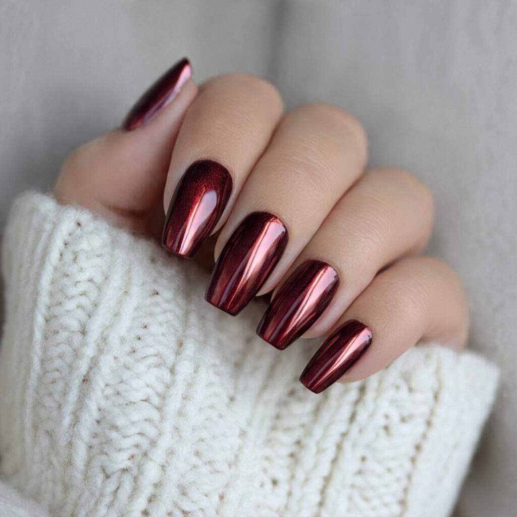 frosted burgundy chrome winter nails feel trendy