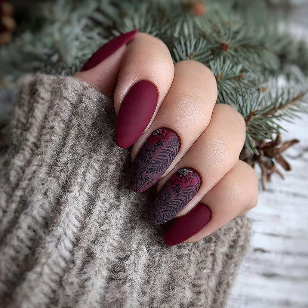 frosted burgundy forest nails feel earthy and