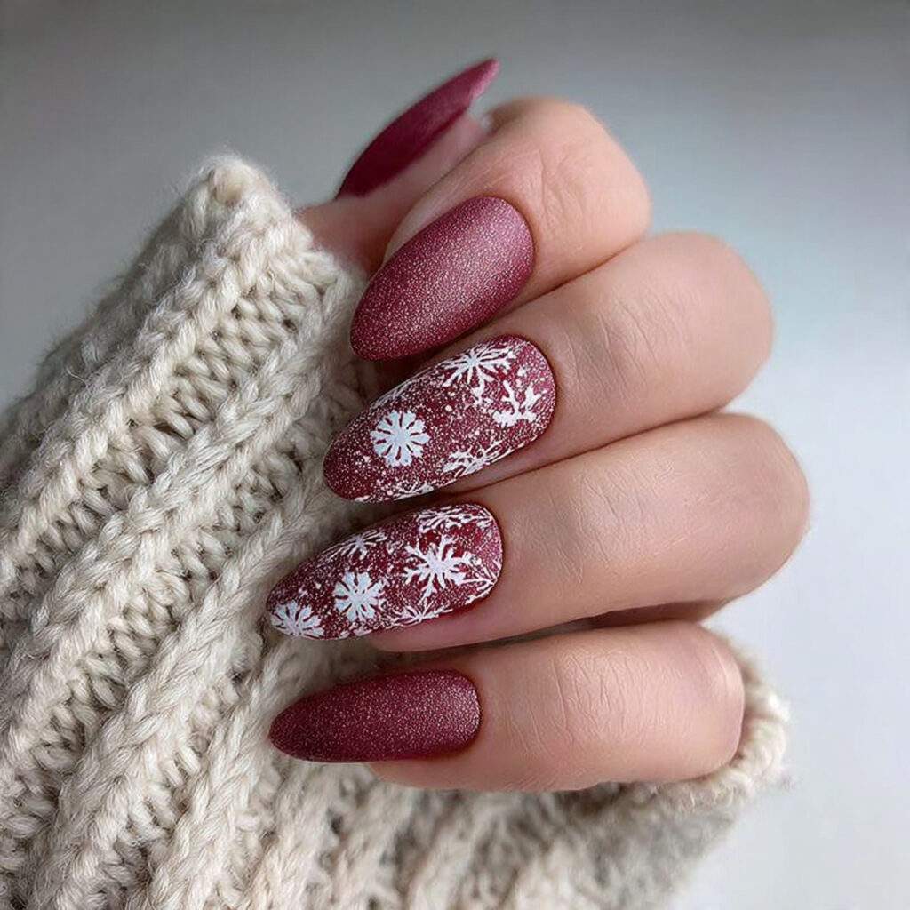 frosted burgundy snowfall nails feel soft and