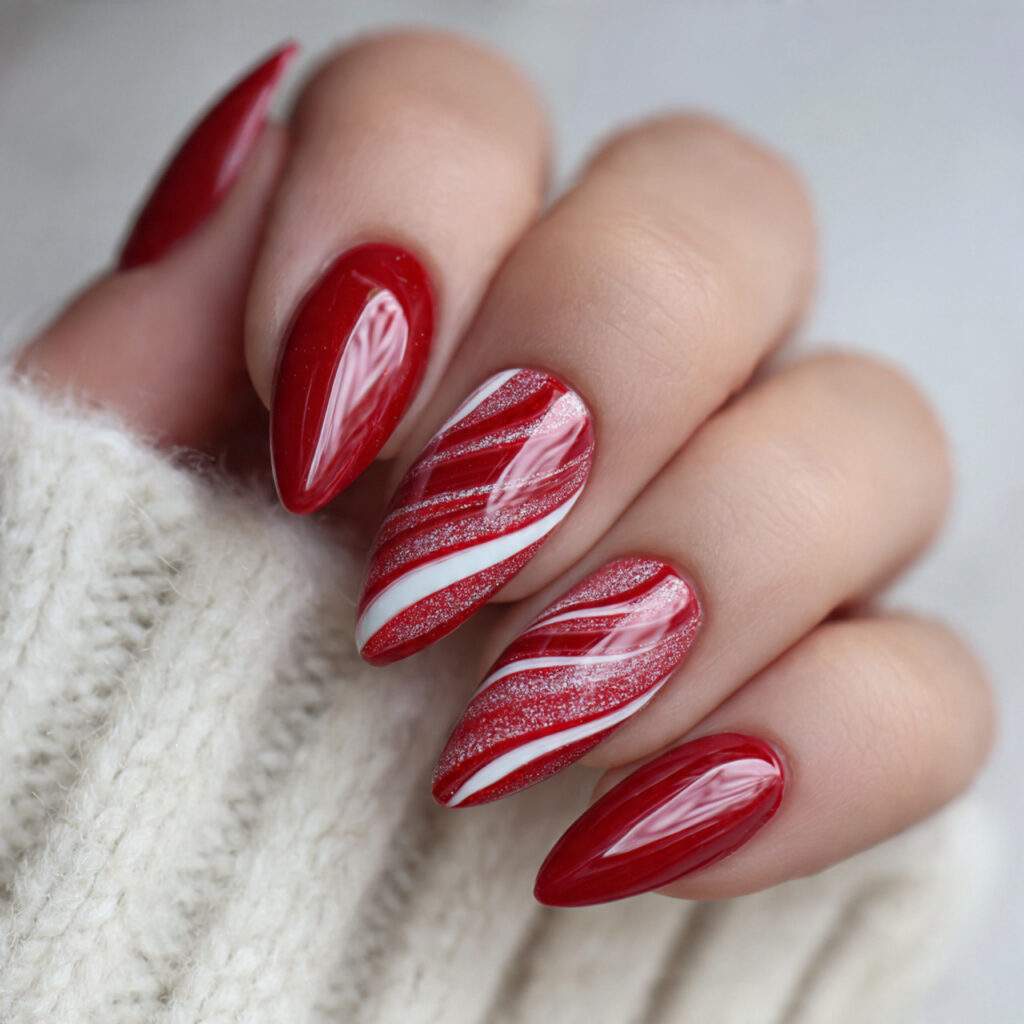 frosted candy swirl red nails