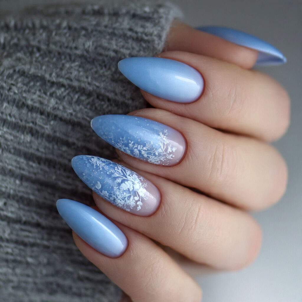 frosted petal tip light blue winter nails