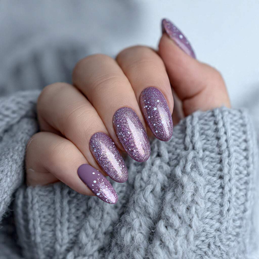 frosted purple snowfall chrome nails bring soft