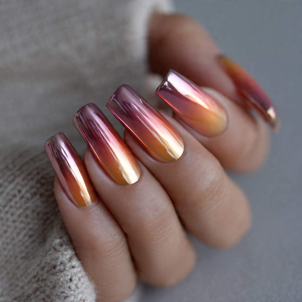 frosted sunrise chrome nails blend soft gradients