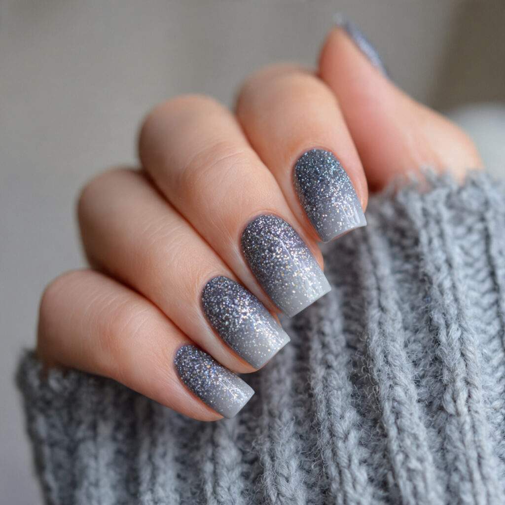 frosty glitter and faded gray nails feel