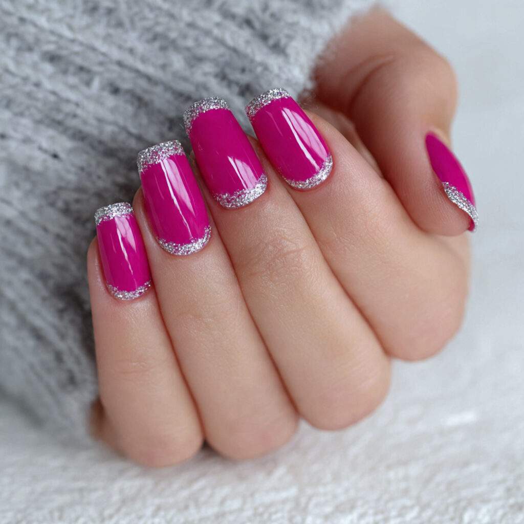 fuchsia french tips with silver glitter