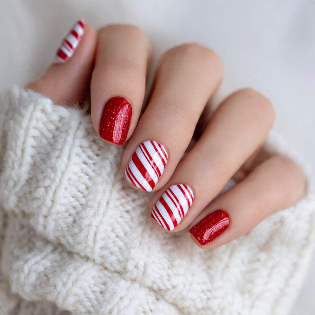 fun winter nails with candy cane details