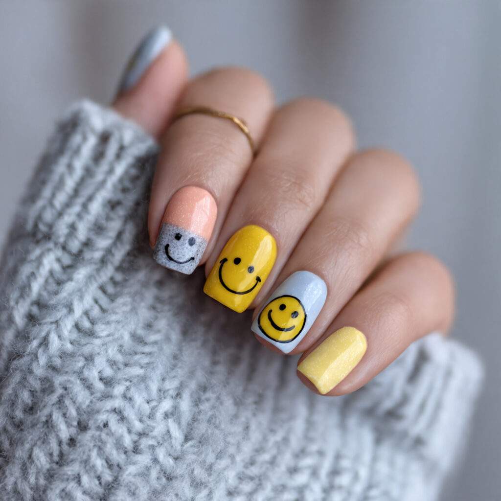 fun winter nails with smiley faces bring