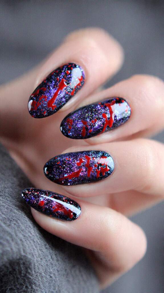 Galaxy Glitter Oval Nails with Red Blood Splashes