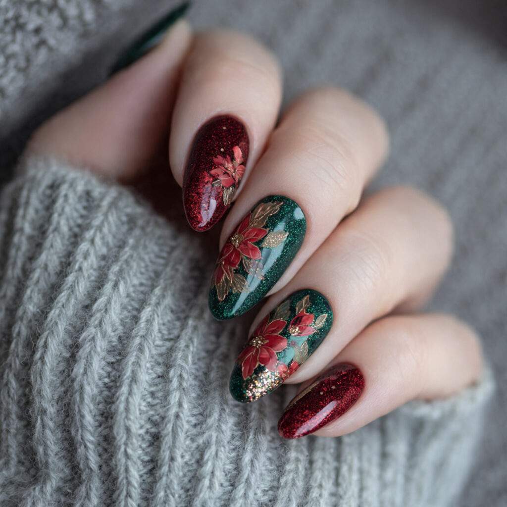 glamorous holiday jewel poinsettia nails jewel toned