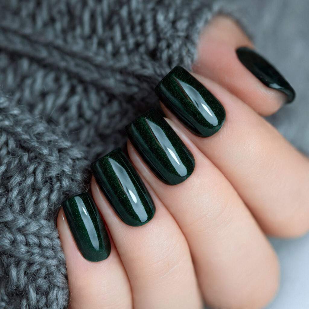 glossy dark green nails combine shine with