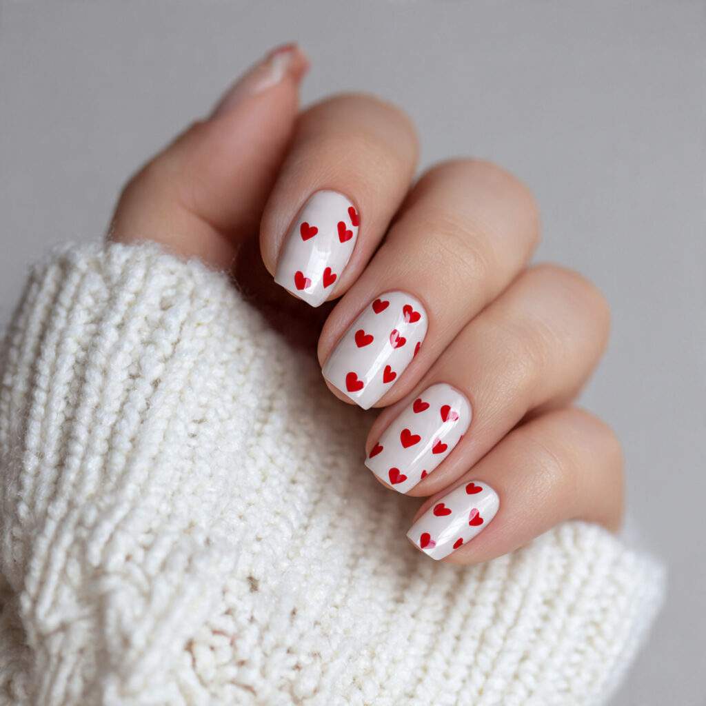 glossy nails with red micro hearts