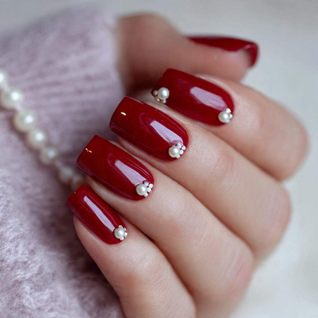 glossy red valentine nails with pearl accents