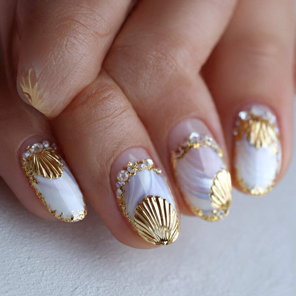gold seashell nails give a fancy and