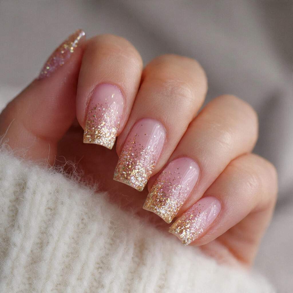 golden glitter fade nails add a glowing