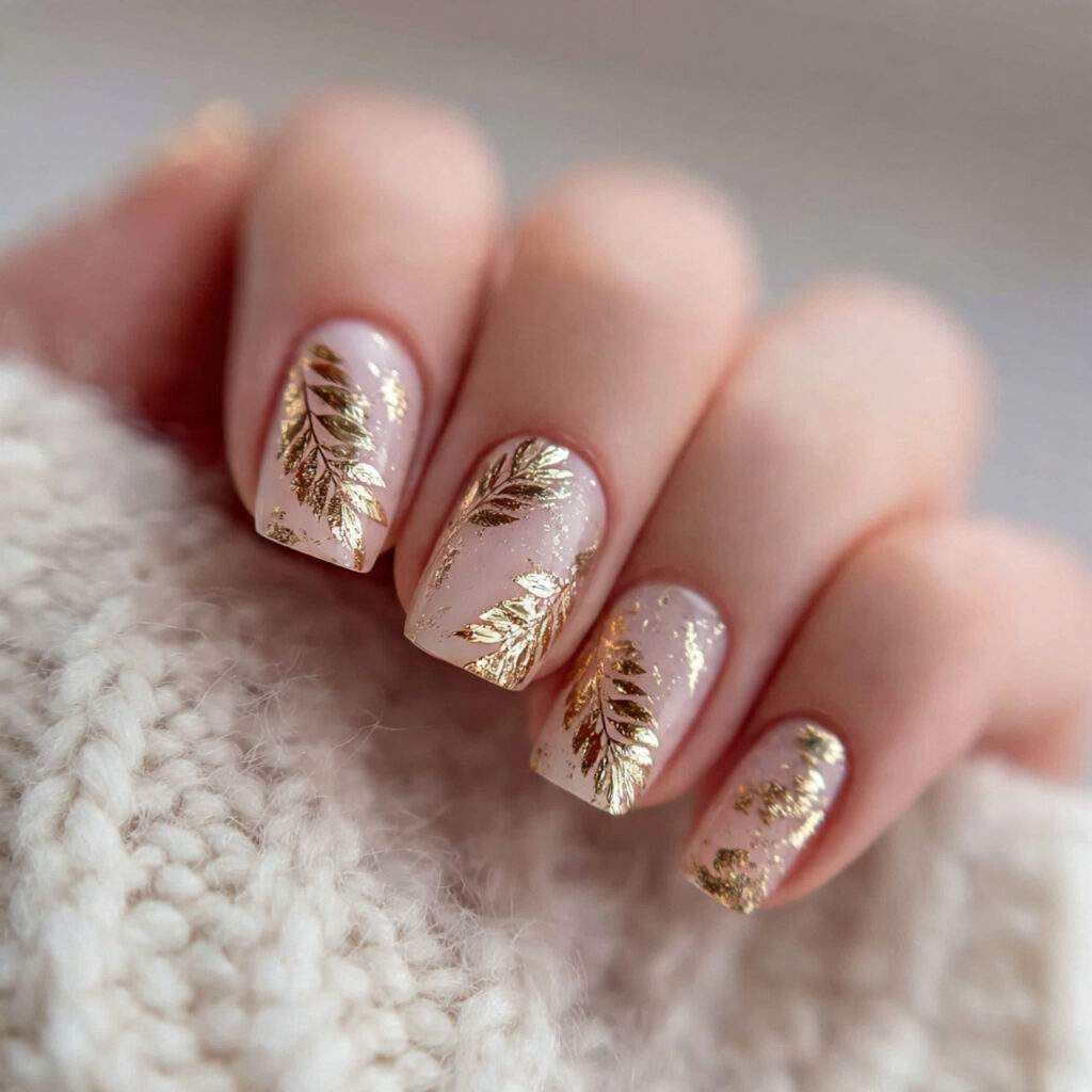golden leaf accent nails use tiny gold