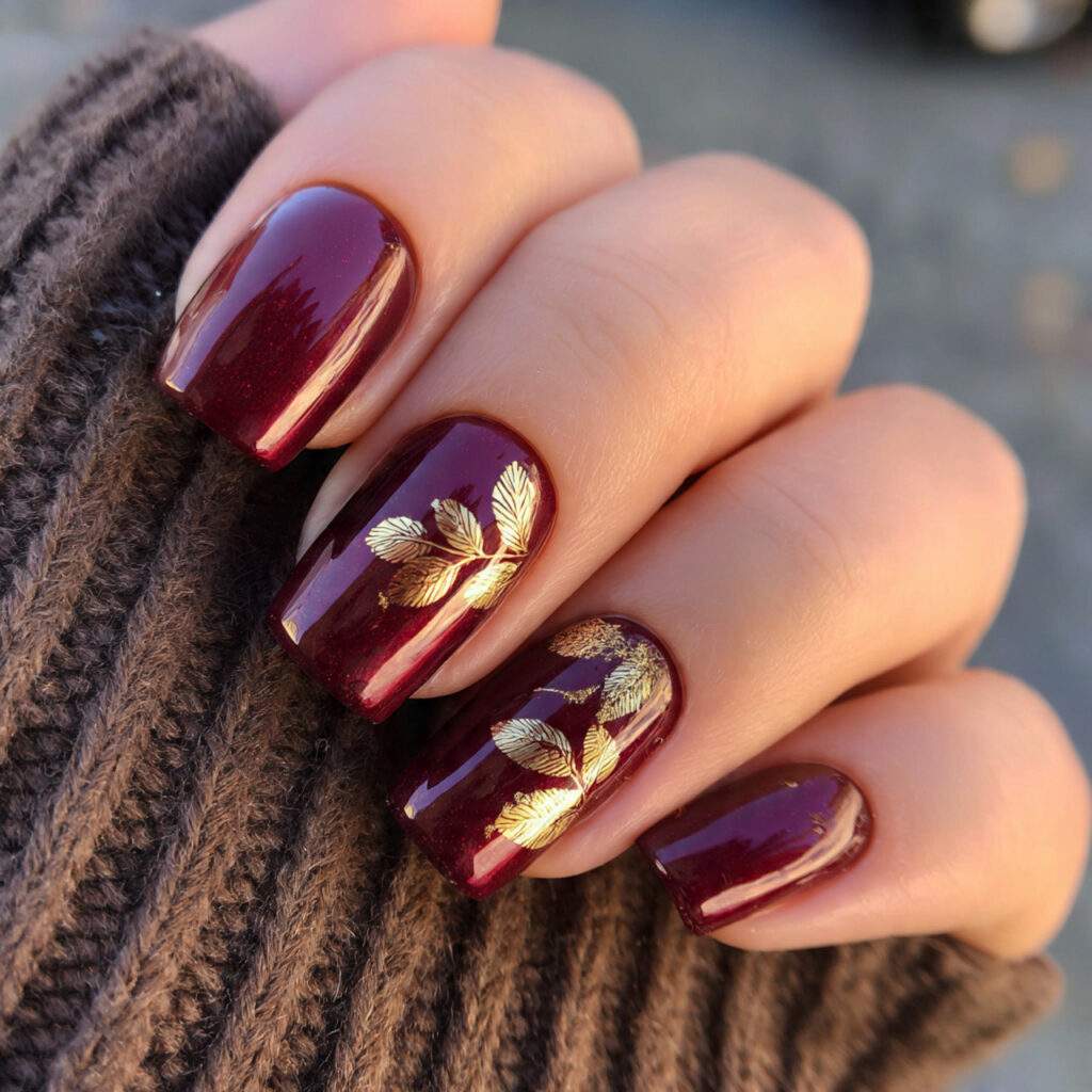golden leaf glam burgundy nails feel luxurious