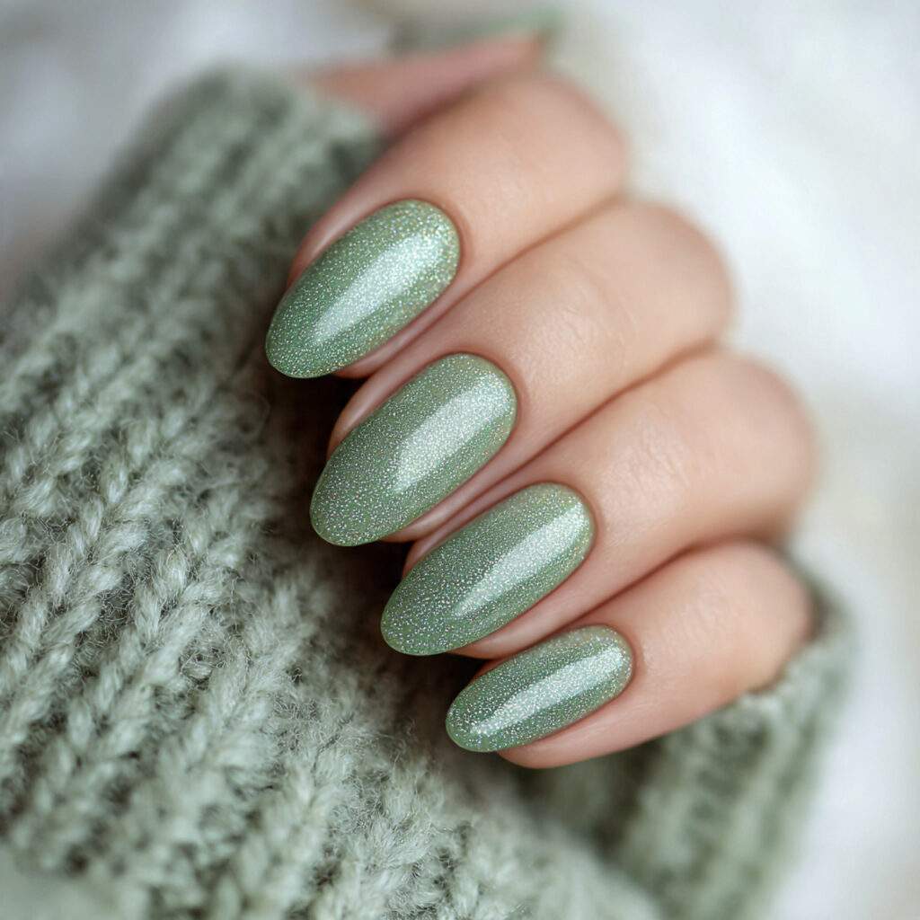green nails with soft shimmer add a