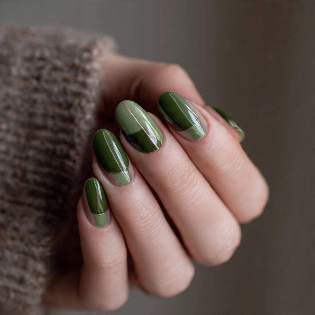 green nails with subtle gloss details add