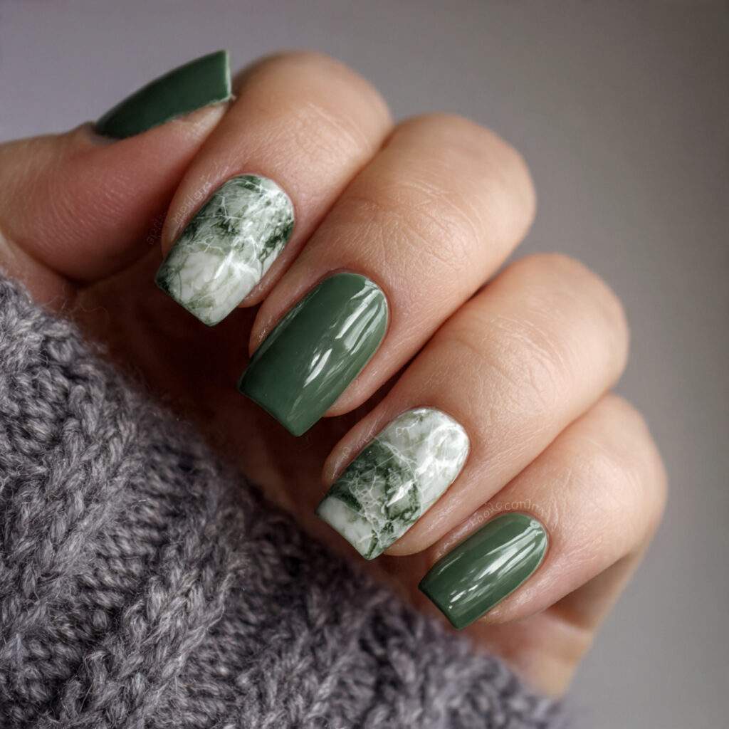 green nails with subtle marble details add