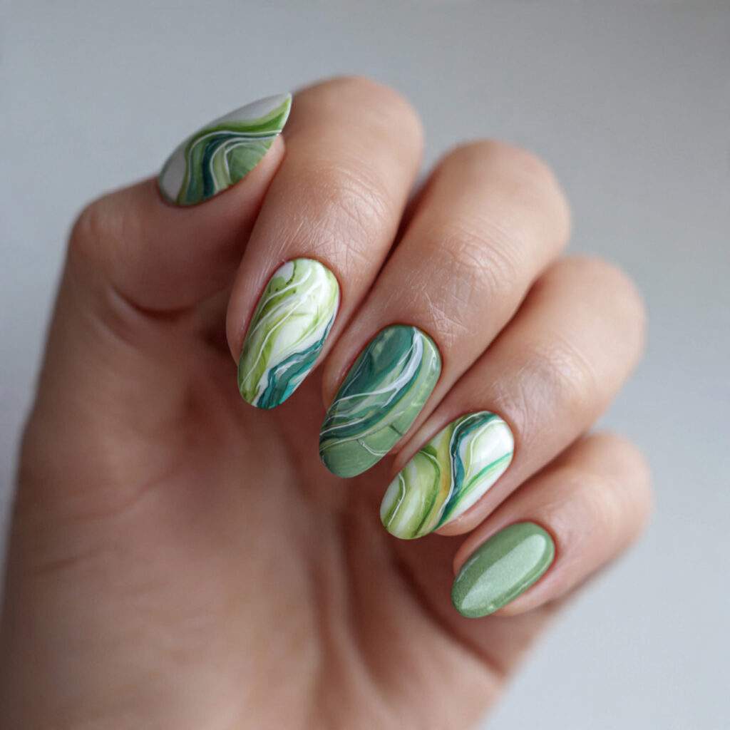 green swirl nails feature abstract flowing patterns