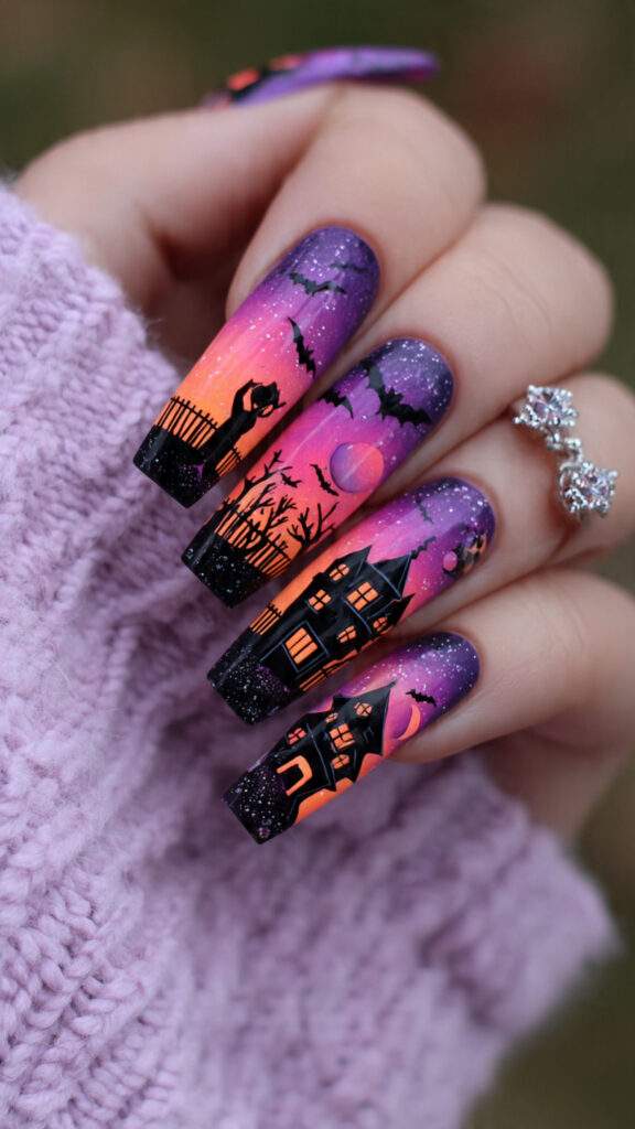 halloween coffin nails with a haunted house