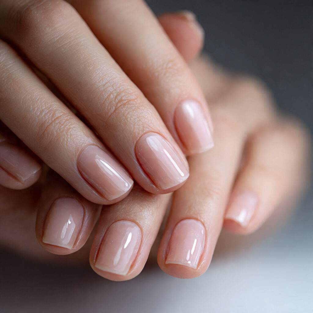 hands with natural nails coated in clear