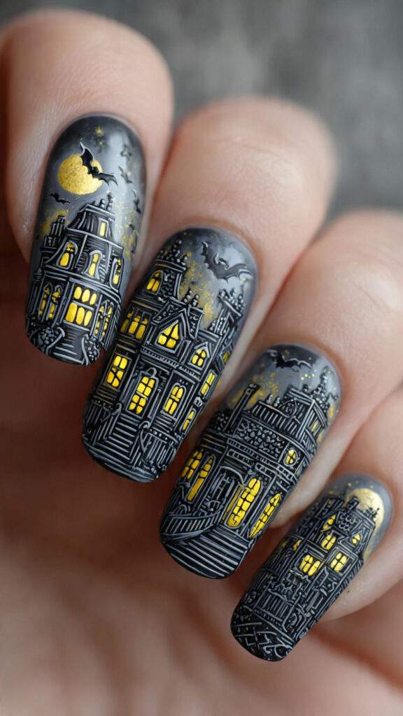 haunted mansion scene with black and gray