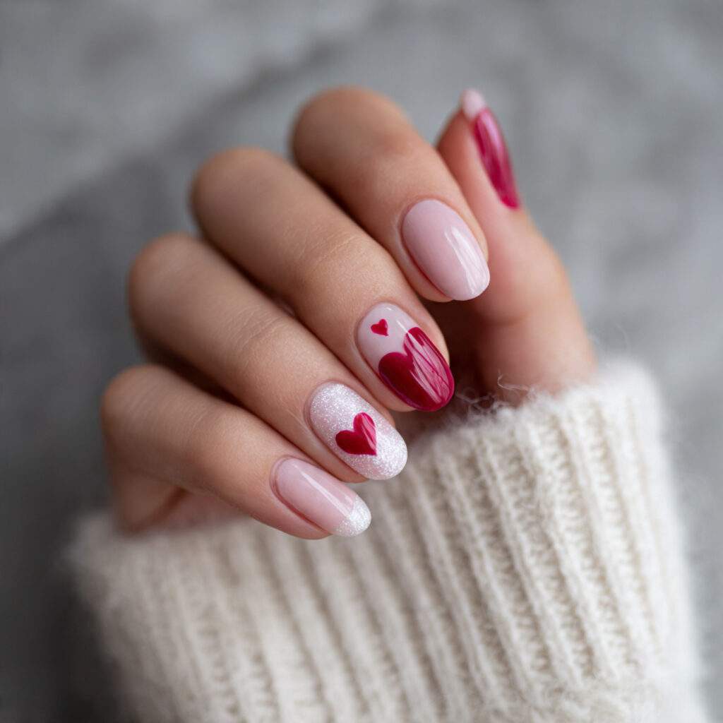 heart accent valentine nails focus on one