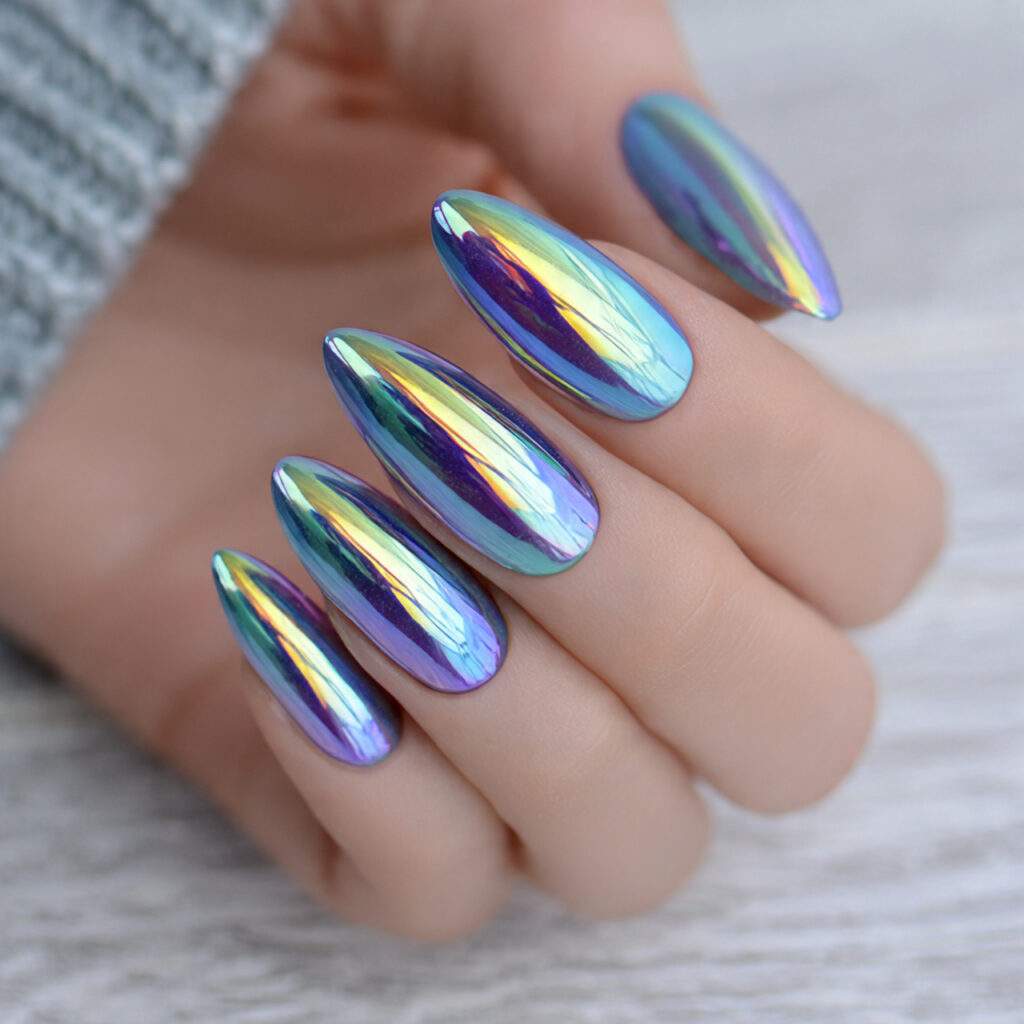 holographic almond nails reflect different colors in