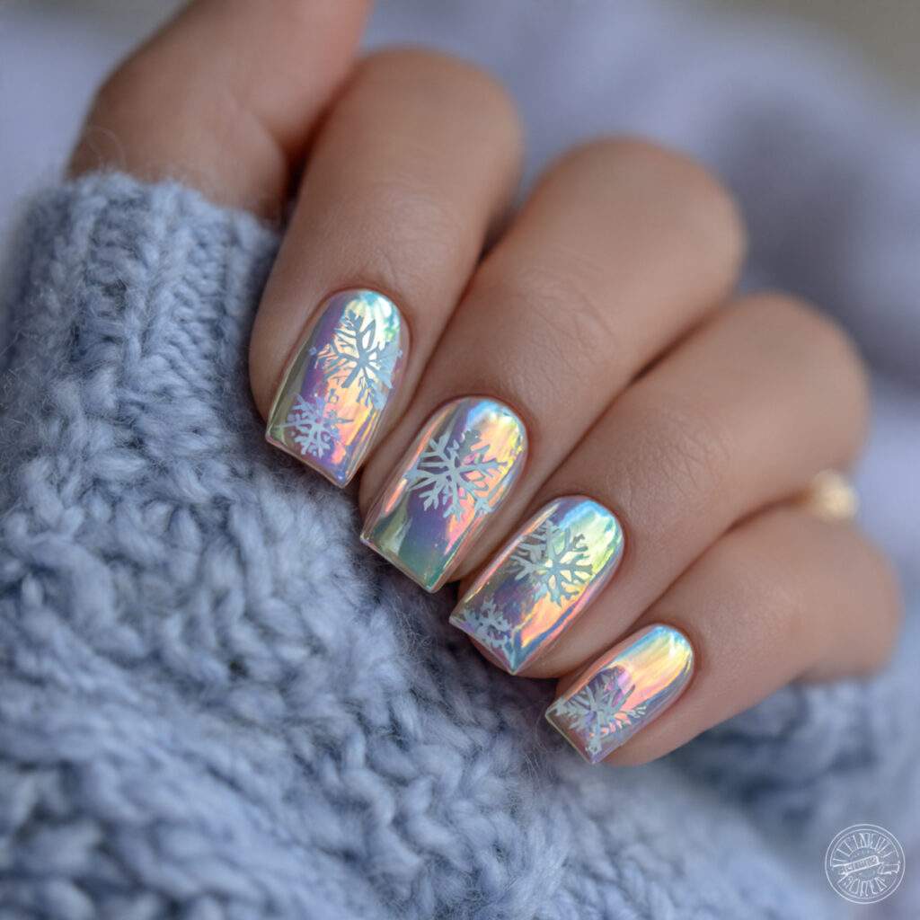 holographic snowfall chrome nails reflect multiple colors
