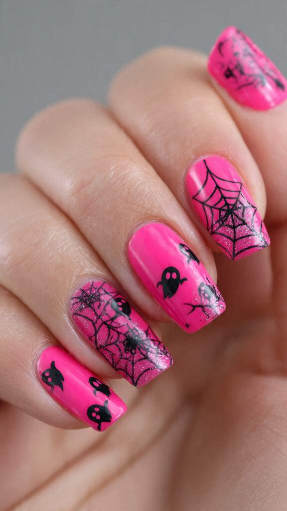 Hot Pink Ghost and Spider Web Nails