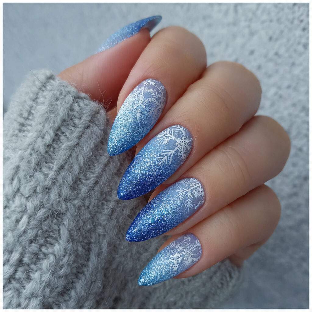 icy blue glow winter stiletto nails