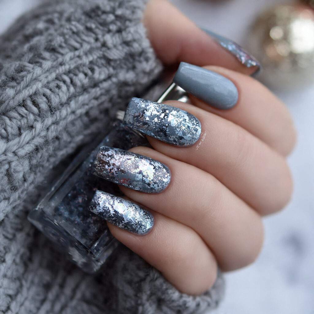 icy foil glam gray winter nails