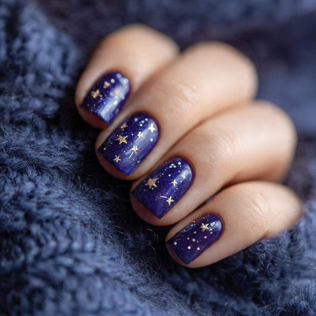indigo blue nails decorated with tiny star