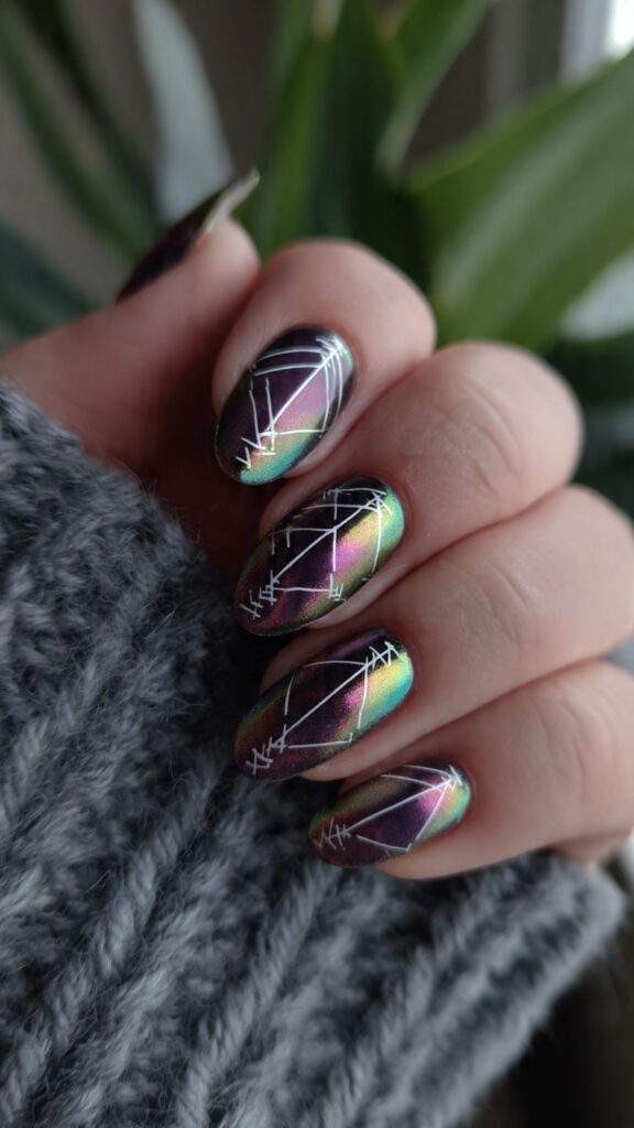 iridescent nails reflect different colors as the